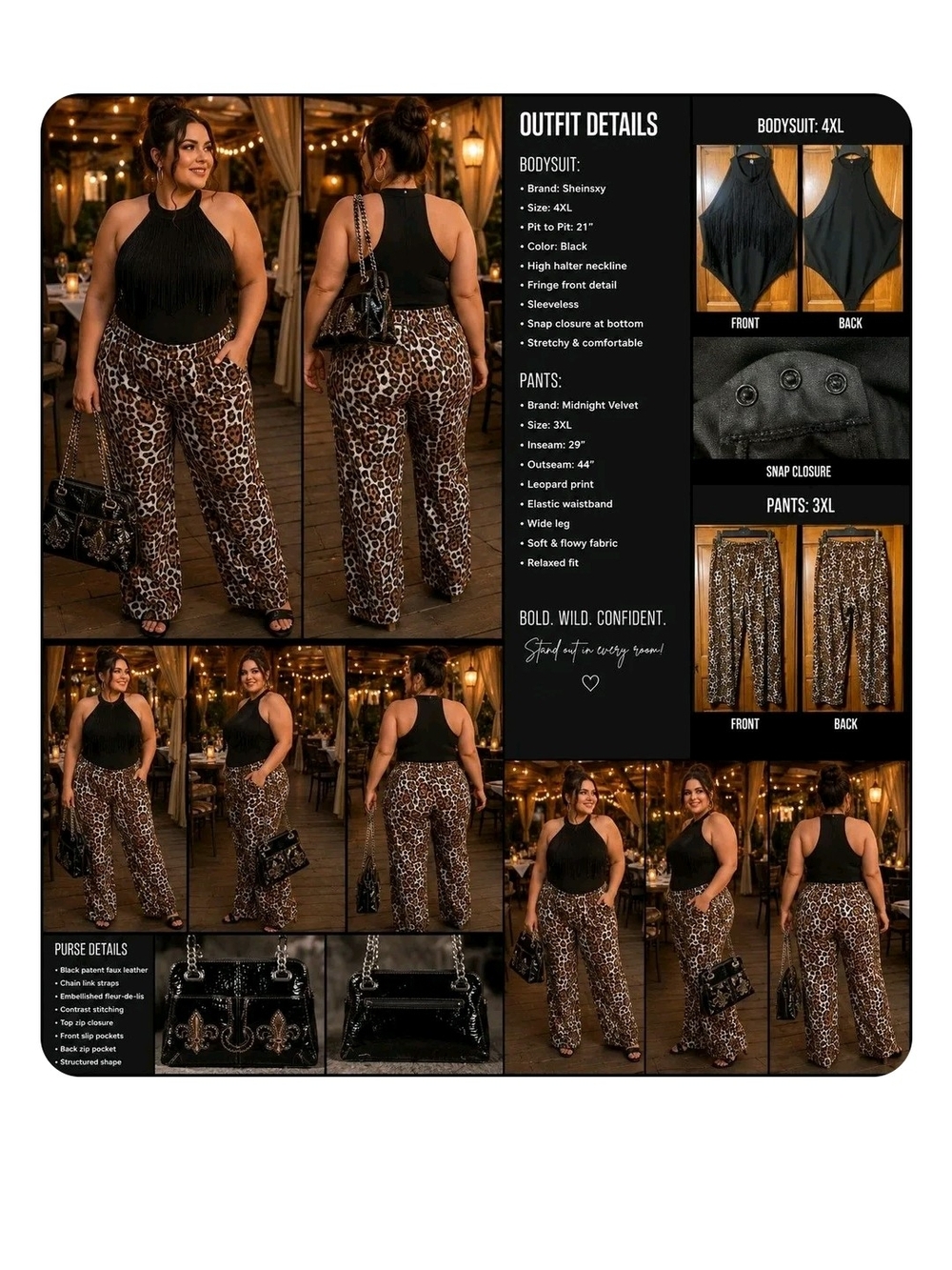 076 3x  bundle .Shein SXY Fringe Bodysuit&Midnight Velvet Leopard Pants W/purse